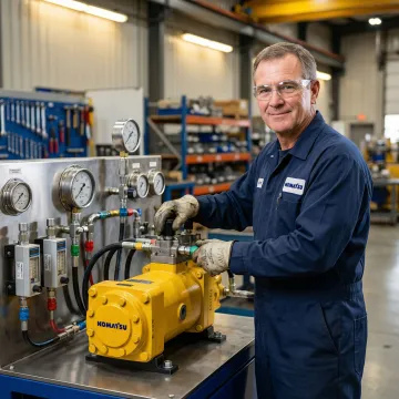 Technician testing a rebuilt hydrostatic pump on a calibration test bench