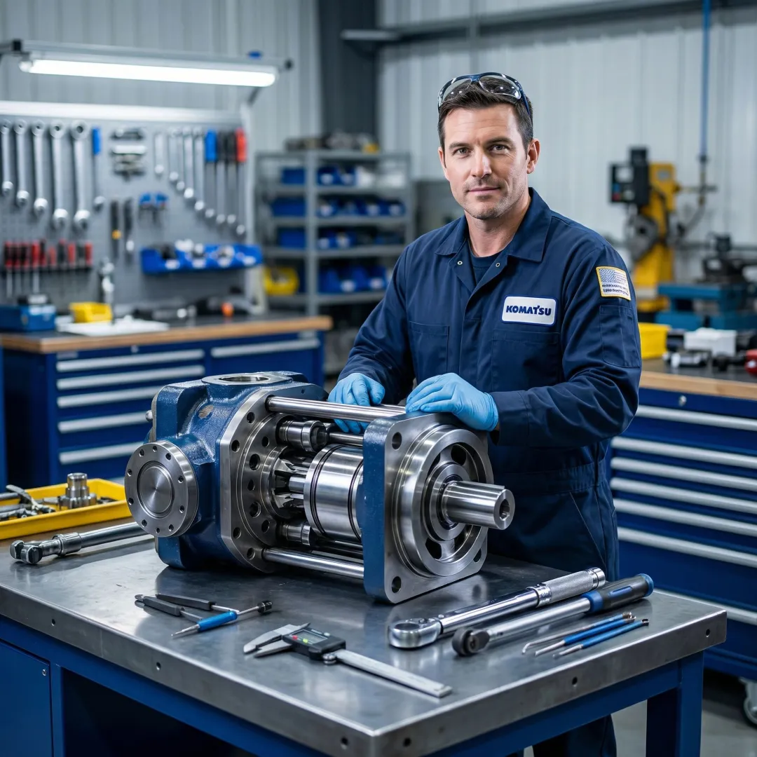Technician rebuilding a hydrostatic pump in a professional service facility