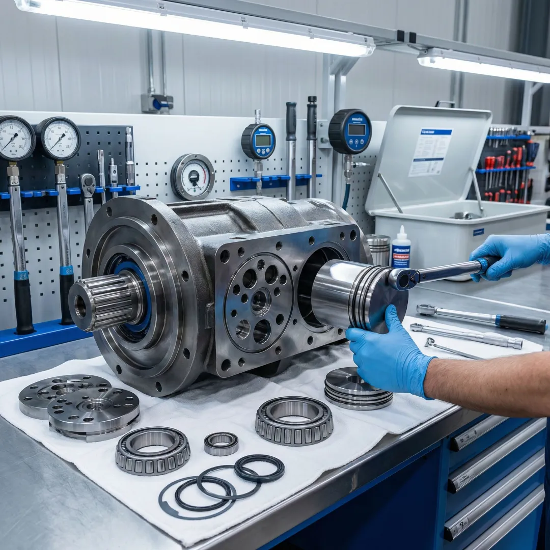 Hydraulic pump undergoing precision rebuild and quality testing in a professional hydraulic repair facility
