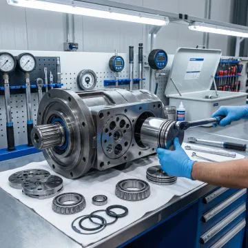 Hydraulic pump undergoing precision rebuild and quality testing in a professional hydraulic repair facility