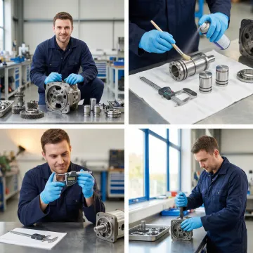Step-by-step hydrostatic pump rebuild process in a professional repair facility