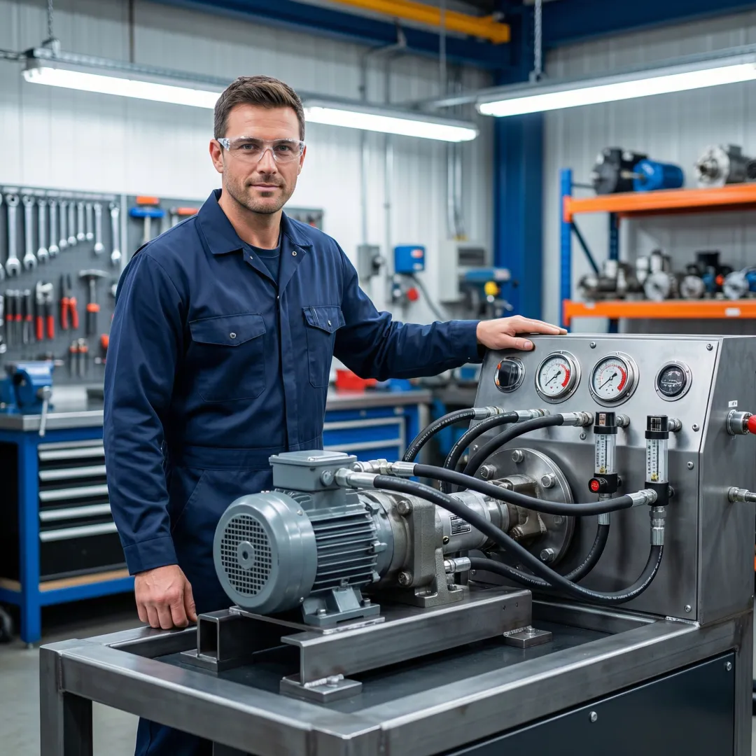 Technician testing a rebuilt hydrostatic pump on a hydraulic test bench in a workshop