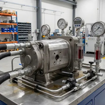 Hydrostatic transmission pump undergoing precision testing and calibration on a hydraulic test bench
