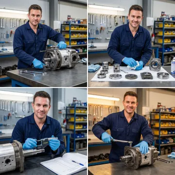 Step-by-step hydraulic pump rebuild process in industrial workshop
