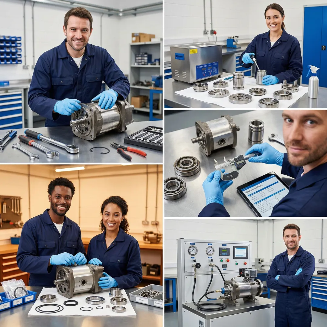 Step-by-step hydraulic pump rebuild process in a professional industrial workshop