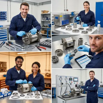 Step-by-step hydraulic pump rebuild process in a professional industrial workshop
