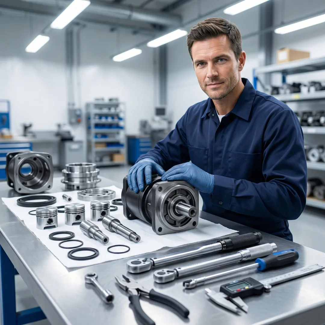 Technician reconditioning a hydraulic motor on a workbench in an industrial repair facility
