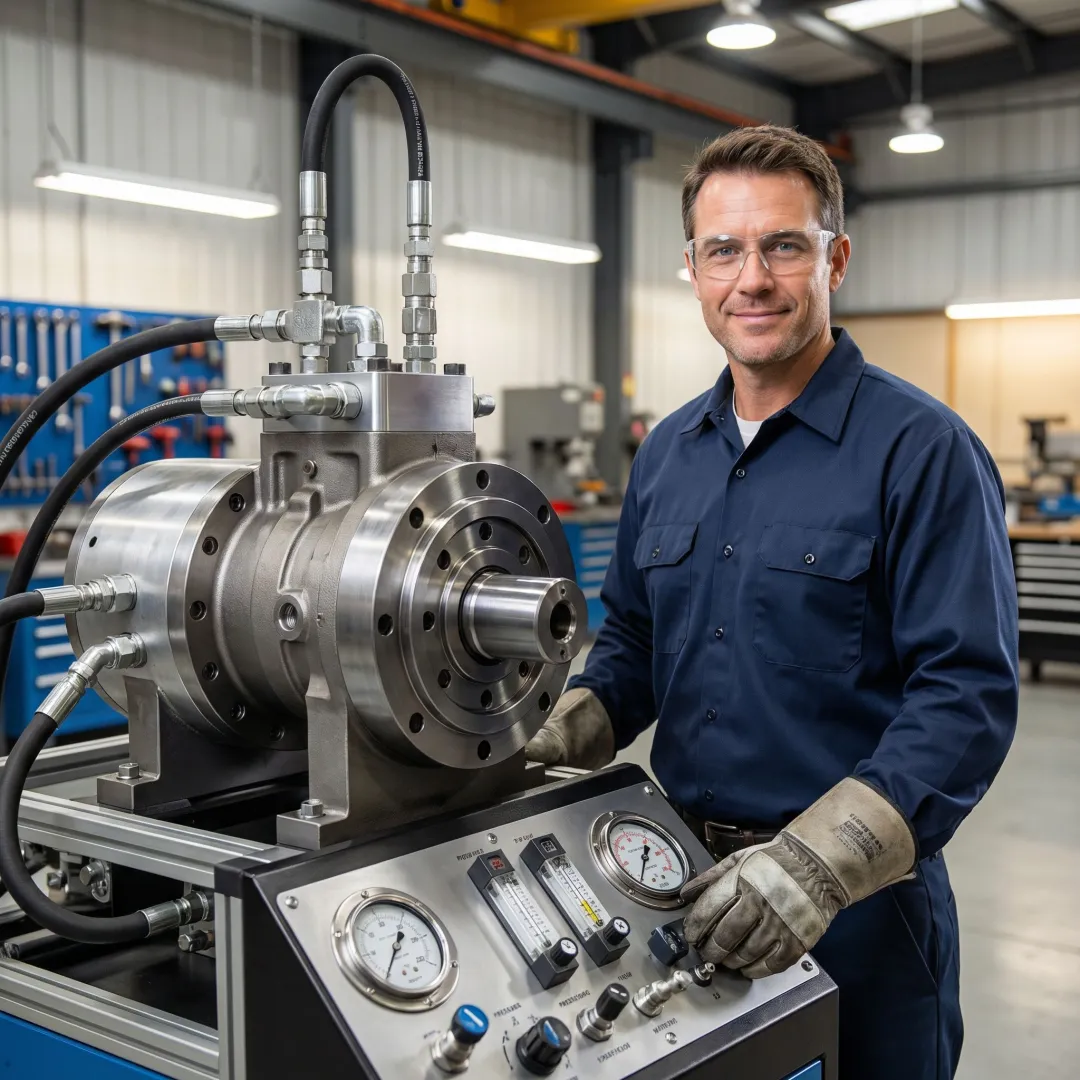 Hydrostatic motor being tested and calibrated on a workshop test bench