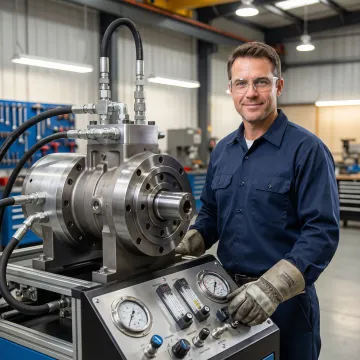 Hydrostatic motor being tested and calibrated on a workshop test bench