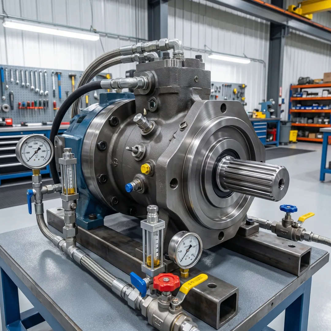 Hydraulic motor being precision-tested on a hydraulic test bench