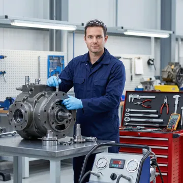 Technician repairing an engineered hydraulic pump in a professional workshop