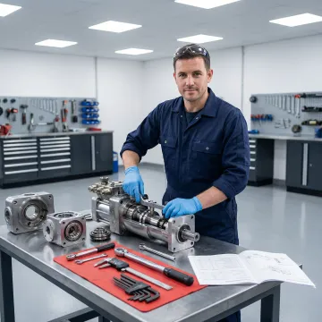 Hydraulic pump and motor repair technician working on hydrostatic unit in Springville IA