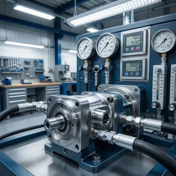 Hydrostatic pump being tested on a hydraulic testing bench in a professional repair facility
