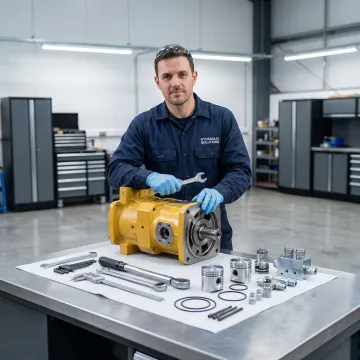 Hydraulic pump repair technician rebuilding a hydrostatic pump unit in a professional workshop