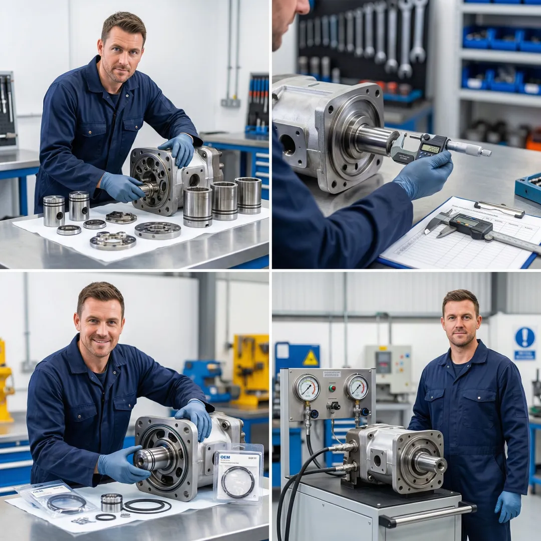 Step-by-step hydraulic pump rebuild process in a professional repair facility