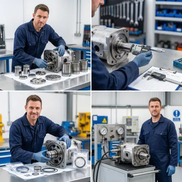 Step-by-step hydraulic pump rebuild process in a professional repair facility