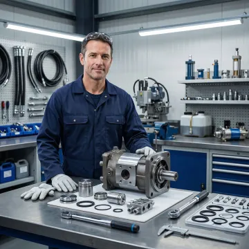 Hydraulic pump repair technician working on hydrostatic equipment in Houston TX