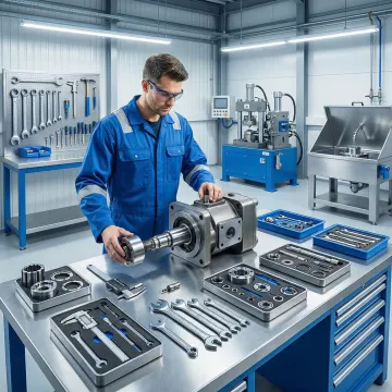 Technician rebuilding a hydraulic pump in a professional workshop