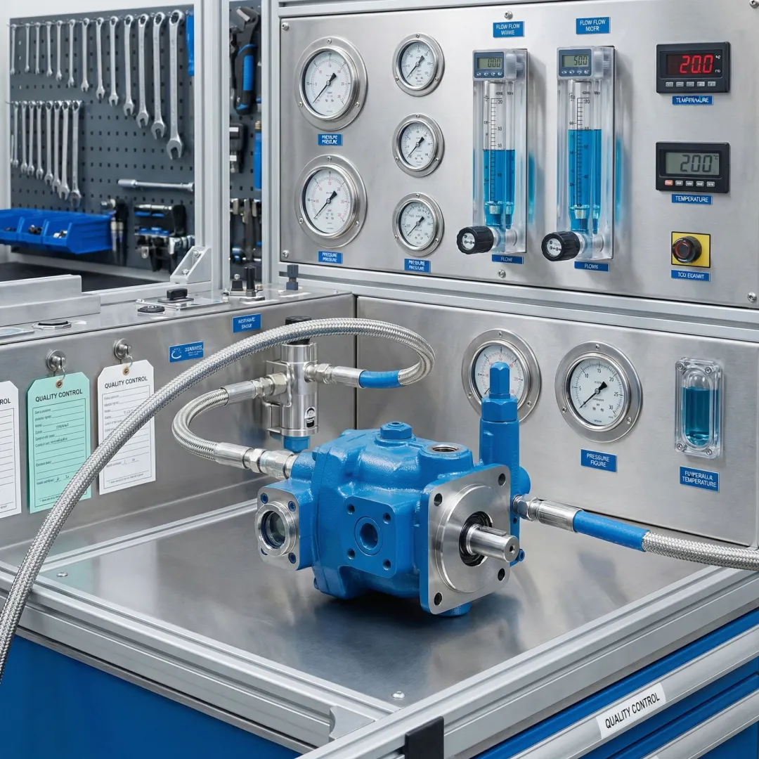 Rebuilt hydrostatic pump unit being tested on a hydraulic testing apparatus