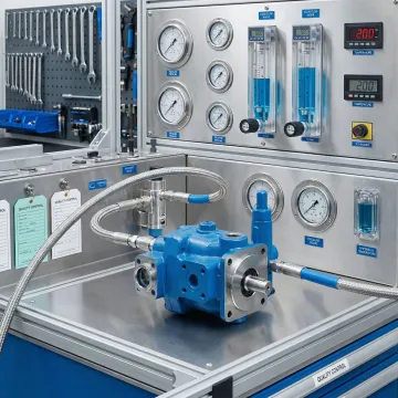 Rebuilt hydrostatic pump unit being tested on a hydraulic testing apparatus