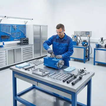 Technician repairing a hydrostatic pump in an industrial workshop in Albany NY