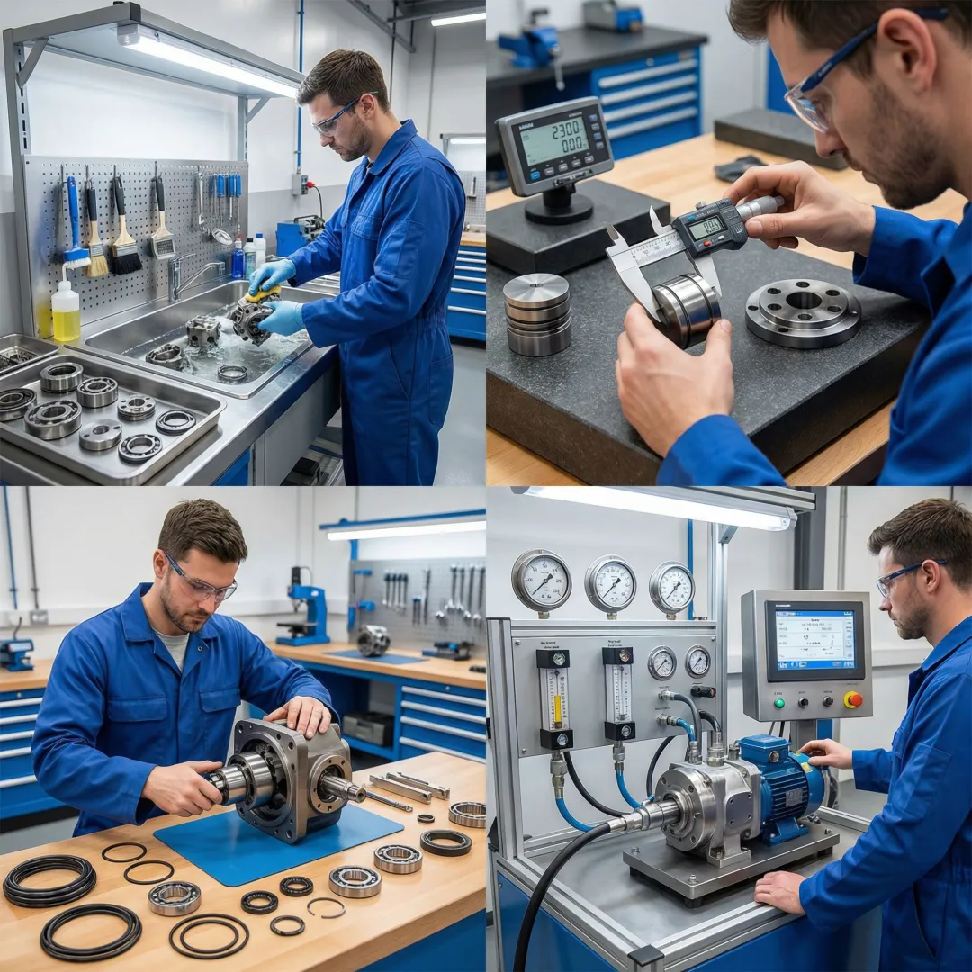 Step-by-step hydrostatic transmission rebuild process in a professional service facility
