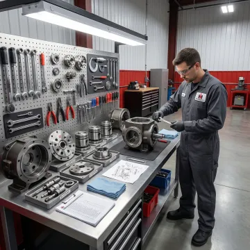 Technician rebuilding an IH hydrostatic transmission pump in a professional workshop