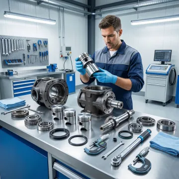 Technician performing emergency hydraulic motor repair in a professional workshop setting