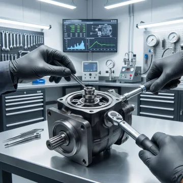 Rexroth hydraulic pump being rebuilt and tested in a professional service facility