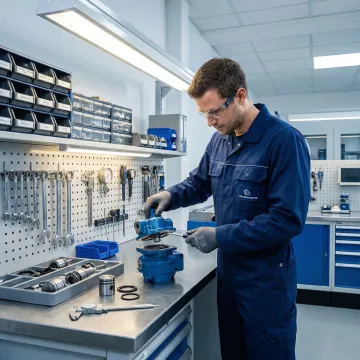 Technician repairing a Rexroth hydraulic pump in a professional workshop
