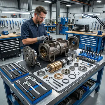 Industrial hydraulic motor being repaired by a technician in a professional workshop