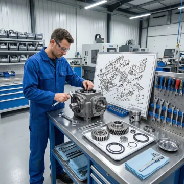 Hydraulic pump repair technician rebuilding a hydrostatic pump in Michigan