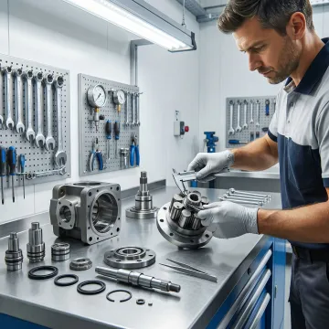 Technician rebuilding a hydrostatic transmission pump in a clean industrial workshop