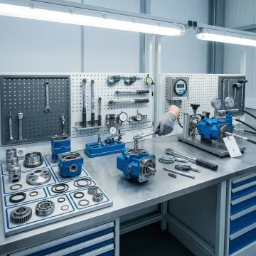 Step-by-step hydrostatic transmission rebuild process in a professional workshop