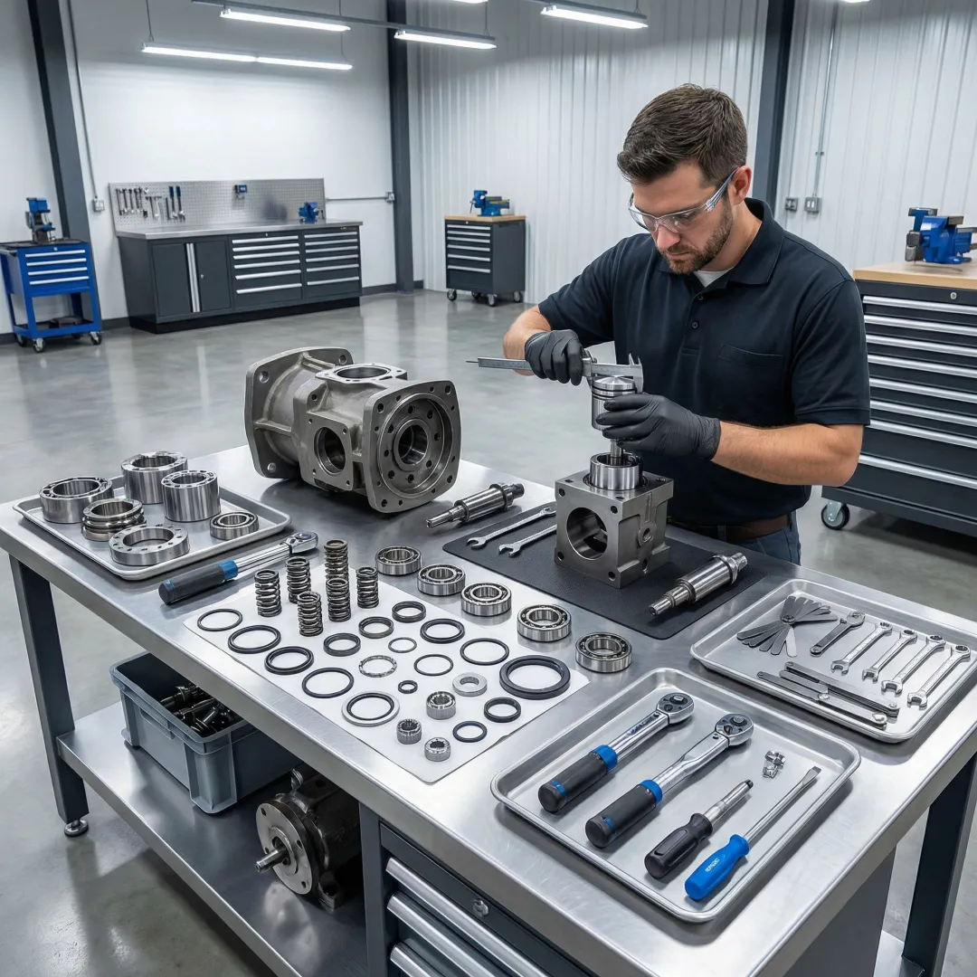 Technician rebuilding a hydrostatic transmission pump in a professional repair facility
