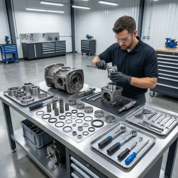 Technician rebuilding a hydrostatic transmission pump in a professional repair facility