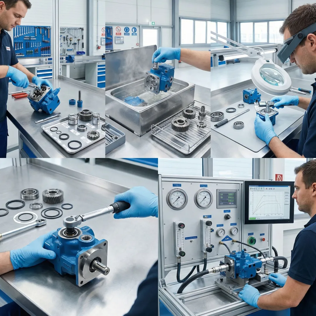 Step-by-step hydraulic pump rebuild process in a professional repair facility
