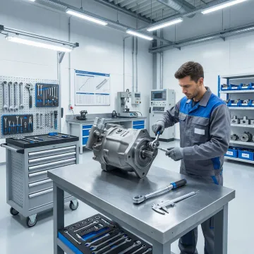 Hydraulic pump repair technician rebuilding a hydrostatic pump unit in a workshop