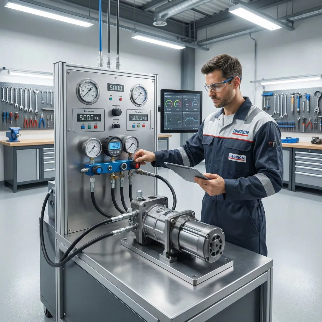 Technician using diagnostic equipment to test a hydrostatic transmission unit