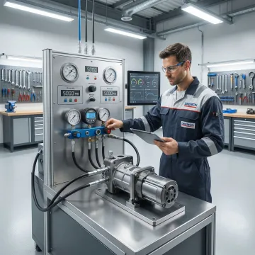 Technician using diagnostic equipment to test a hydrostatic transmission unit
