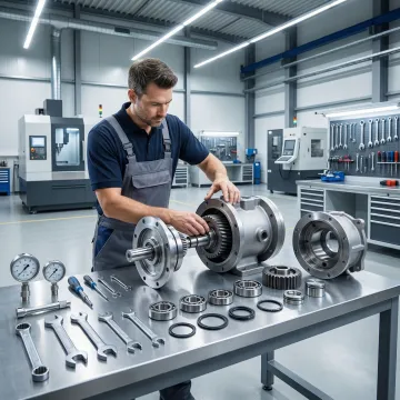 Technician rebuilding an industrial hydrostatic pump in a professional repair facility