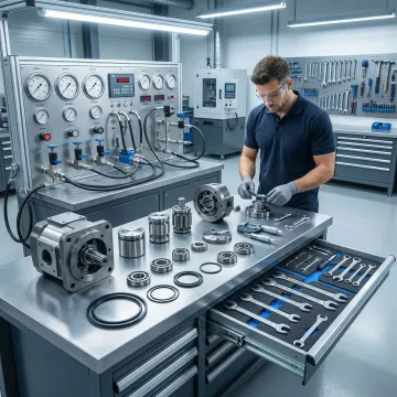 Hydraulic pump repair technician rebuilding a hydrostatic unit in an Indianapolis workshop