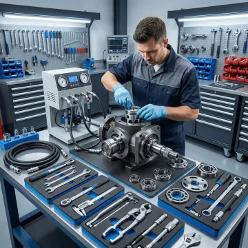 Hydraulic motor repair technician working on hydrostatic components in Harrisburg PA