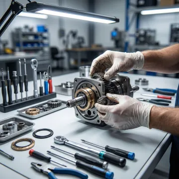Technician rebuilding a John Deere hydrostatic transmission pump on a workshop bench