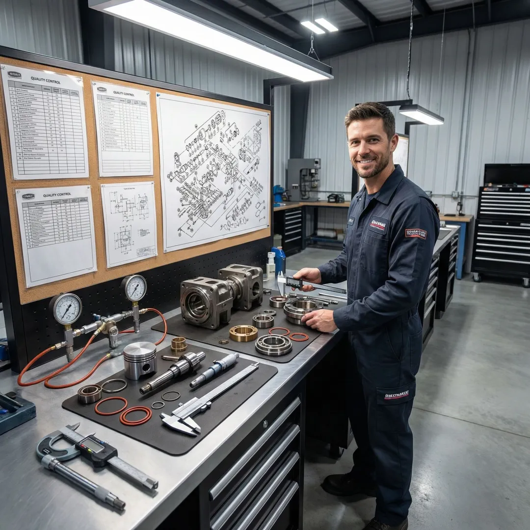 Hydrostatic transmission rebuild process showing disassembly and quality testing of a John Deere unit