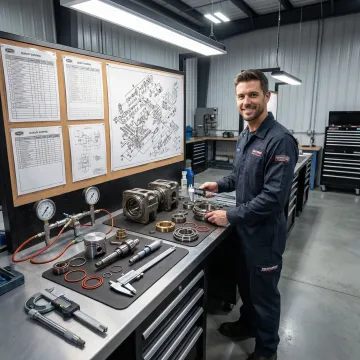 Hydrostatic transmission rebuild process showing disassembly and quality testing of a John Deere unit