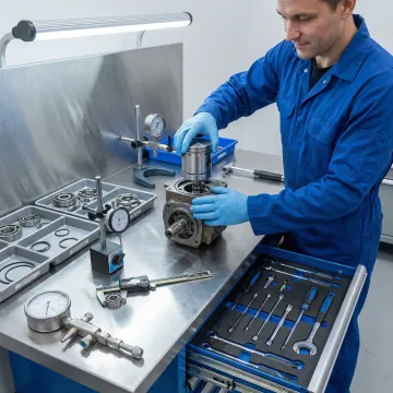Technician rebuilding and testing a John Deere hydrostatic transmission on a workbench