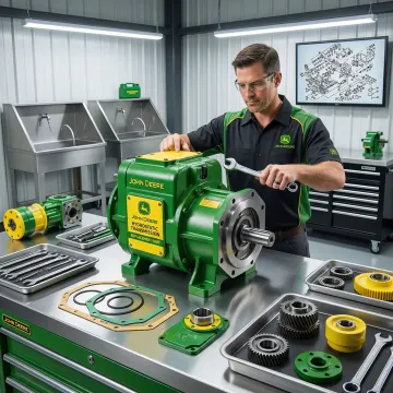 John Deere hydrostatic transmission pump being rebuilt by a technician