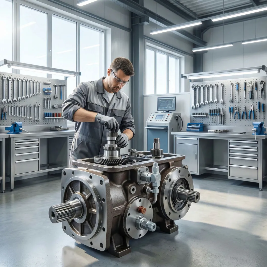 Technician rebuilding a John Deere hydrostatic transmission unit in a clean workshop