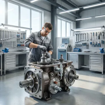 Technician rebuilding a John Deere hydrostatic transmission unit in a clean workshop